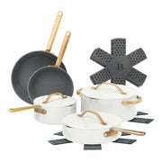 Made By Gather 19916 Beautiful 12-Piece Ceramic Nonstick Cookware Set with Strainer Lids, White Icing, Gold Handles