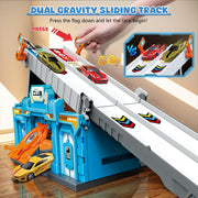 Suorfoxs 2 IN1 Foldable Two-Layer Race Tracks Set with Carrier Truck and 2 Alloy Cars for Boys 2-6 Years