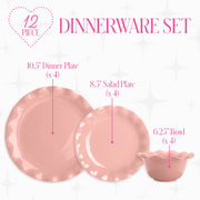 Paris Hilton Heiress Collection 12-Piece Dinnerware Set, Rose Pink, Scalloped Ruffle Rim, Durable Ceramic Stoneware, Microwave and Dishwasher Safe, Service for 4, PH13812-AZ