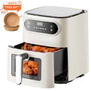 Hicloud 7.5QT Air Fryer, 1600W Multifunction with Adjustable Time and Temperature, Nonstick, Transparent Viewing Window, Beige, Includes 100 Baking Liners
