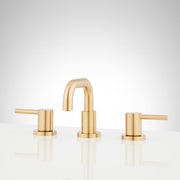 Signature Hardware Lexia 1.2 GPM Low Angle Widespread Bathroom Faucet, Brushed Gold, Dual Lever Handles, Pop-Up Drain Assembly, 955229