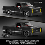 Mattel Brick Shop Hot Wheels '83 Chevy Silverado Building Toy Kit, 1:32 Scale, Black, 225 Pieces, Customizable, JKG42
