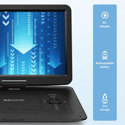DEVINCI Portable DVD Player, 15.6 Inch HD Swivel Screen, 5 Hour Rechargeable Battery, USB SD Card Support, Remote Control, Black