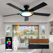 Baysquirrel 52in Flush Mount Ceiling Fan with Bluetooth Speaker, RGB Lighting, 6 Reversible Speeds, Remote and App Control, Black Matte