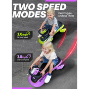 ZIFFY Electric Wiggle Car, 6V 5.5Ah Rechargeable Battery, 2 Speed Ride-On Toy with LED Wheels, Triple Anti-Rollover Safety, Purple
