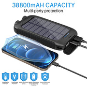 OWNTECH 38800mAh Solar Power Bank, Portable Charger with Dual 5V USB Ports, Qi Wireless Charging, Dual LED Flashlight, Waterproof Black XJT001