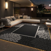 SIXHOME Outdoor Rug with LED Strip Lights, Waterproof, Reversible Floral Border, 9'x12', Plastic Straw Backing, Gray