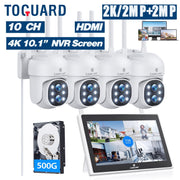 Toguard SC37 Wired Security Camera System, 10-Channel 10.1 in LCD NVR Monitor, 4pcs 2K Dual Lens 1080P PTZ IP Cameras, 500GB Hard Drive, Outdoor