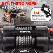 X-BULL 12V Electric Winch, 5000LBS Capacity, 1.3 HP Motor, Synthetic Rope, Wireless Remote, Mounting Plate, Compact Design