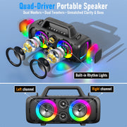 VUOPAX Portable Bluetooth Speaker, 140W Peak Power, IP65 Waterproof, Bass Boost, Bluetooth 5.3, RGB LED Lights, True Wireless Stereo Pairing, 24H Playtime, Black