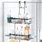 Aitatty Over The Door Shower Caddy, Stainless Steel Bathroom Organizer, Black, 2 Soap Holders, Toothbrush Slot, 4 Hooks