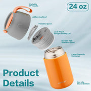 JUSTLET 24 oz Insulated Stainless Steel Food Jar, Thermos W/ Folding Spoon and Cup, Orange
