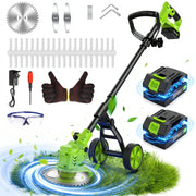 Fovendi 6 Inch Cordless Electric String Trimmer, 3-in-1 Grass Trimmer, Edger and Brush Cutter with Dual 21V Lithium Batteries, Adjustable Telescopic Pole, Detachable Metal Wheels, Green, GCJ-06B