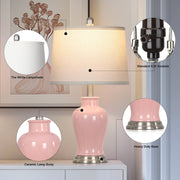 Cinkeda Table Lamps Set of 2, 23 in Tall White Ceramic Ginger Jar Design with White Linen Drum Shades and Rotary Switch, LED Bulbs Included, WMTD-616
