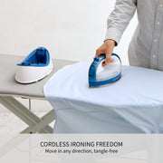 Panasonic Steam Iron, Cordless 360-Degree Freestyle, Double-Tipped Nickel-Coated Soleplate, Anti-Calc System, Power Base with Retractable Cord and Carrying Case, Blue, NI-QL1000A