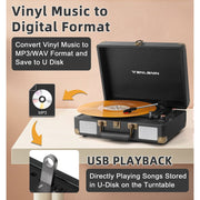 TANLANIN Bluetooth Record Player, 3-Speed Belt-Drive Turntable with Dual Built-In Speakers, USB Recording, RCA AUX Headphone Output, Black PU Leather Case, TE-2021BLACK