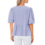 PRETTYGARDEN Women's Bow Front Top with Fashionable Puff Sleeves, Versatile Fit, Blue, Sizes M - Machine washable
