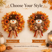 Generic Fall Wreath with Scarecrow, Sunflowers, Maple Leaves, Warm LED Lights, Burlap Bow, 20 Inch