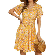 UVN Summer Dress for Women, A-Line Midi, V-Neck Wrap, Ruffle Short Sleeve, Boho Floral Print, Yellow