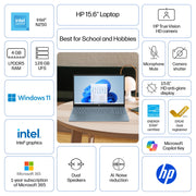 HP 15.6 Inch HD Laptop, Intel N250 Processor, 4GB DDR5 RAM, 128GB SSD, Intel UHD Graphics, Windows 11, Moonlight Blue