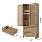 Homfa Bathroom Storage Cabinet with Rattan Doors, 2 Drawers, Adjustable Shelves, Oak Finish, 64.1 in Height X031-D20