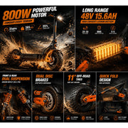 Generic Off Road Electric Scooter, 800W Brushless Motor, 31MPH Speed, 48V 15.6Ah Battery, 30 Miles Range, 11in All-Terrain Tires, Front and Rear Dual Suspension, Dual Disc Brakes, Q202025