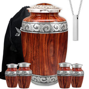 Americurn Wooden Grain Cremation Urn Set, Large Adult Urn, 4 Mini Keepsake Urns, Ash Necklace, Warm Wood Grain Finish