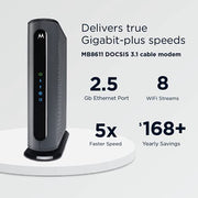 Motorola MB8611 DOCSIS 3.1 Multi-Gig Cable Modem Pairs with Any WiFi Router Approved for Comcast Xfinity, Cox Gigablast, Spectrum 2.5 Gbps Port 2500 Mbps Max Internet Speeds