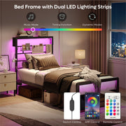 Bestier Twin Size Metal Platform Bed Frame w/LED Headboard, Built-In Charging Station, Black