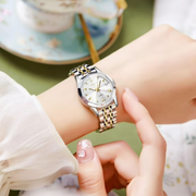 OLEVS 9931 Luxury Women's Fashion Watch, Diamond Accents, Two-Tone Gold-Plated Stainless Steel, Blue Dial, Date Display, Waterproof