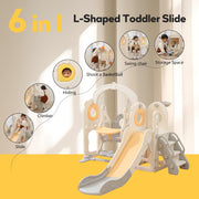 Zimeng 6 in 1 Toddler Slide and Swing Set, Indoor Outdoor Playground Playset, Beige Blue, HDPE Plastic, Includes Slide, Swing, Basketball Hoop, Storage Basket, 3-Story Staircase