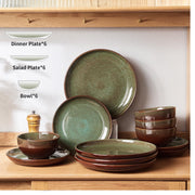 POKINI W-SFT18A 18-Piece Stoneware Dinnerware Sets, Plates and Bowls Dish Sets for 6, Brown Green