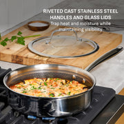 T-fal Ceramic HybridMesh Stainless Steel 3 Quart Saut Pan, Heavy-Duty Tri-Ply Construction, Metal Utensil Safe, Cast Riveted Handle, Oven Safe with Glass Lid