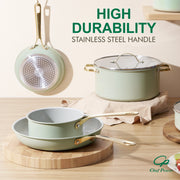 Chef Power 7 Pcs Ceramic Cookware Set, Non-Stick Pots and Pans with Stainless Steel Handles, Oven and Dishwasher Safe, Sage Green with Light Gold Handles, AHUSNS01162