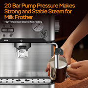 Plum Chef Espresso Machine, 20 Bar Pressure, Silver, Milk Frother Steam Wand, 54oz Water Tank, Low Noise Fast Brew