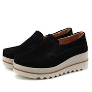 NOKIO Women's Suede Platform Loafers, Breathable PU Slip-On Casual Shoes, High Heel Wedge, Wide Width, Black