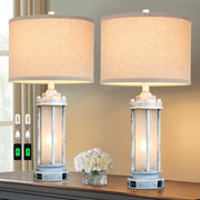 JUJUYUYOP Farmhouse-Style Table Lamps Set of 2 with Distressed White Metal Base, Linen Shade, Frosted Glass Nightlight, Dual USB Charging Ports, 25 in, 8990