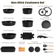 Kikcoin 21-Piece Non-Toxic Nonstick Cookware Set with Removable Handles, Induction Compatible, Black, KCWS02BK06D22
