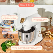 Made By Gather Beautiful 6 Qt Tilt-Head Stand Mixer, 600W Motor, 12 Speeds, Stainless Steel Bowl, Includes Dough Hook, Flat Beater, Balloon Whisk, Pastry Beater & Slicer/Shredder Set, Black Sesame and White Icing, 19892