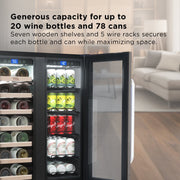 TCL Dual Zone Wine & Beverage Cooler, 20 Bottle and 78 Can Capacity, Black, Compact Freezerless Design, LED Touchscreen Control, TRD20B8AS