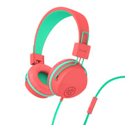 JLab JBuddies Studio On-Ear Kids Wired Headphones, Volume Limiter 85dB, Adjustable Padded Headband, Foldable Ear Cups, Tangle-Free Braided Cord with Mic, Peach