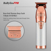 BaBylissPRO FX+ Rose Gold All-Metal Lithium Outlining Hair Trimmer, Cord/Cordless, USB-C Charging, Titanium T-Blade, FX787NRG