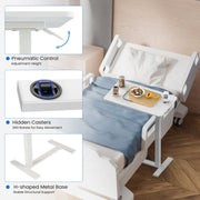 MCQ Adjustable Overbed Bedside Table, Height Adjustable 29.5-43.3 in, White Wood Surface, Hidden Wheels, H-Shaped Base Stability, CXZ-WT