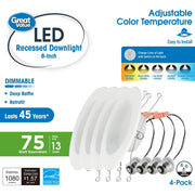 Great Value 6 Inch LED Retrofit Downlight, 13 Watt, 5 CCT Selectable, Dimmable, E26 Base, White, 12 Pack