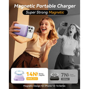 Breezio Magnetic Wireless Power Bank, 12000mAh, Fast Charging 15W Wireless, USB-C 20W PD, USB-A 22.5W QC, Built-in Kickstand, LED Display, Compatible with iPhone 13-17, Light Purple, W16