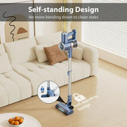 PrettyCare Cordless Stick Vacuum Cleaner, 30Kpa Suction, 2600mAh Battery, 6-in-1 Lightweight Upright, HEPA Filtration, LED Display, Blue, W200