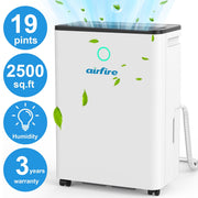 AIRFIRE Whole House Dehumidifier, 19 Pint Capacity, 0.66 Gal Water Tank, Overflow Protection, Automatic Defrost, Humidity Indicator, Max Coverage 2500 Sq Ft, PD8R-03BE