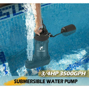 Fluentpower FSP9003DW-2 Submersible Sewage Pump, 3/4HP Motor, 3500GPH Flow Rate, Automatic Float Switch, Black