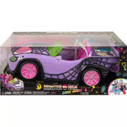 Monster High HHK63 Toy Car, Ghoul Mobile with Pet and Cooler Accessories, Purple Convertible with Spiderweb Details