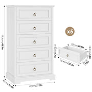 Homfa HOS-PB-168 5 Drawers Tall Dresser, Chest of Drawers Storage Bedroom Dresser Cabinet for Closet Living Room, White